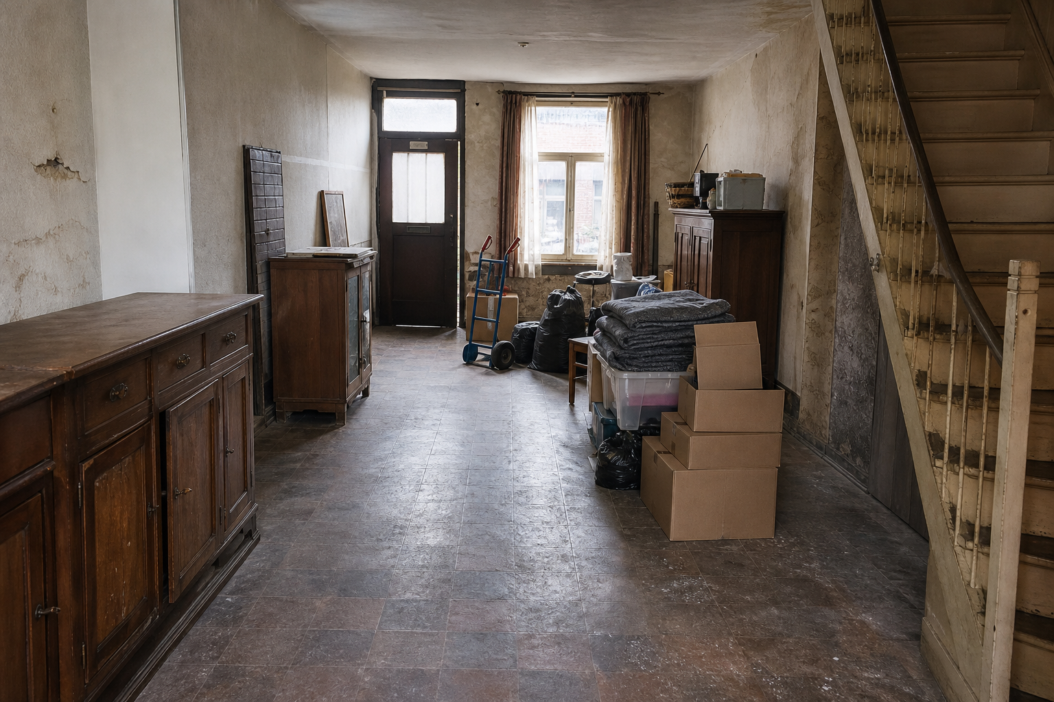 Vide maison ouvrière mitoyenne à La Louvière : avant, en cours et après — intervention en cours
