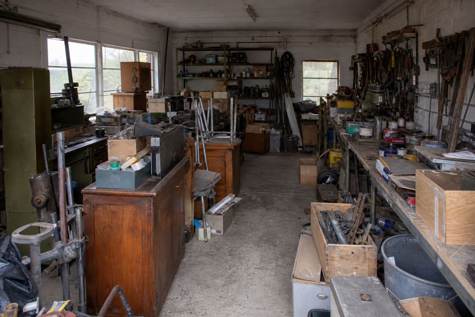 Vide garage-atelier à Laakdal : avant, en cours et après — avant débarras