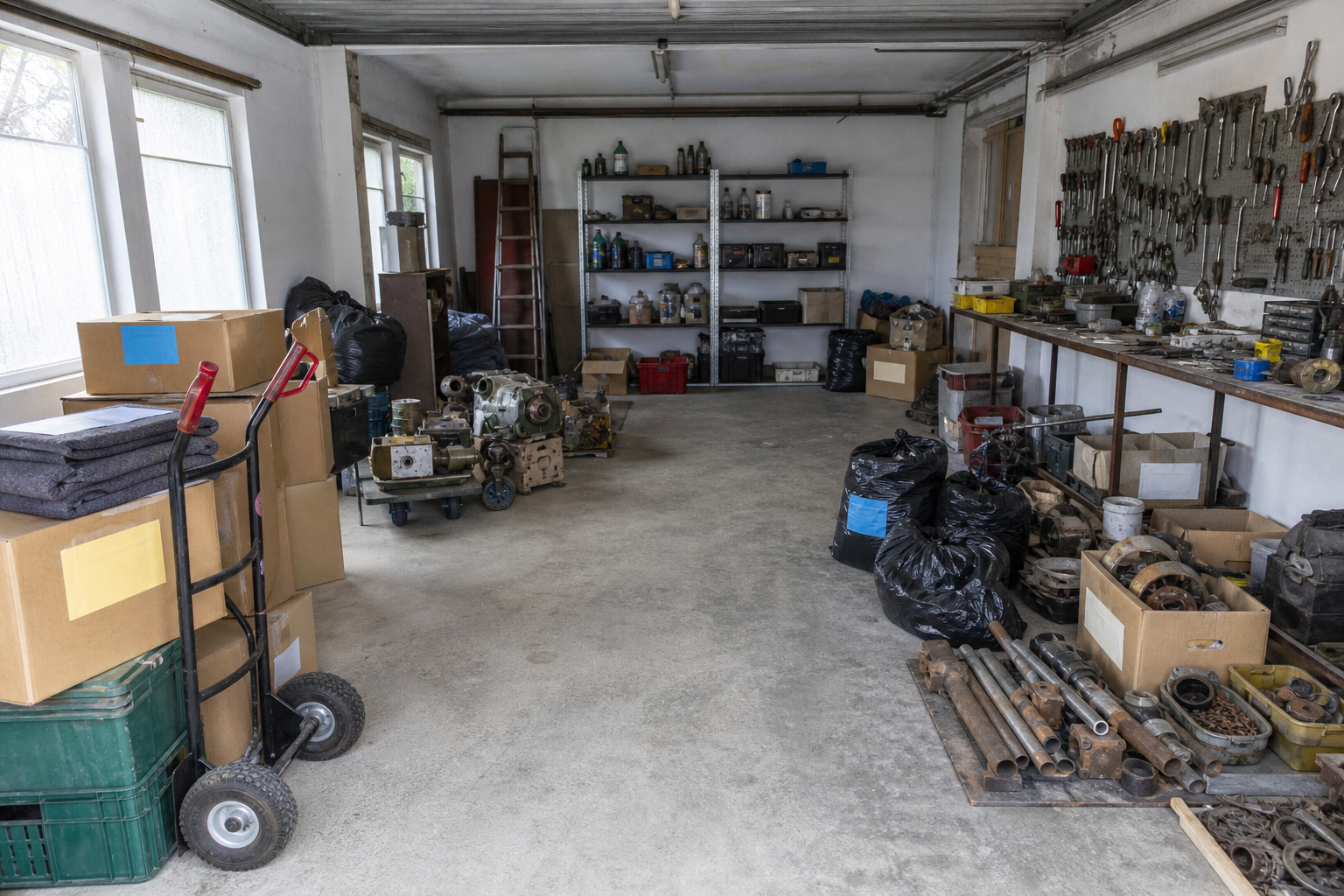 Vide garage-atelier à Laakdal : avant, en cours et après — intervention en cours