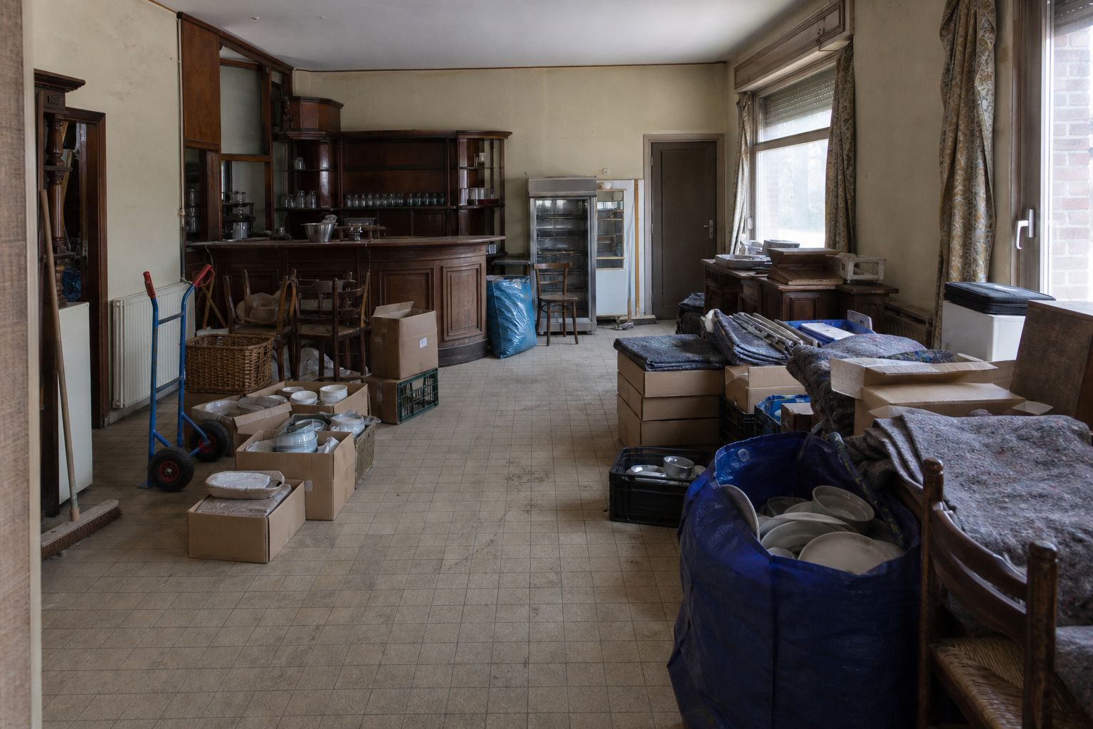 Vide ancien café de village à Langemark-Poelkapelle : avant, en cours et après — intervention en cours