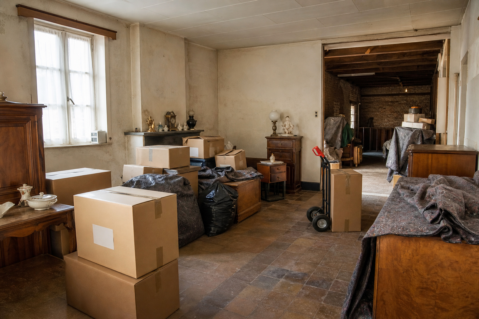 Vide maison villageoise avec grange à Les Bons Villers : avant, en cours et après — intervention en cours