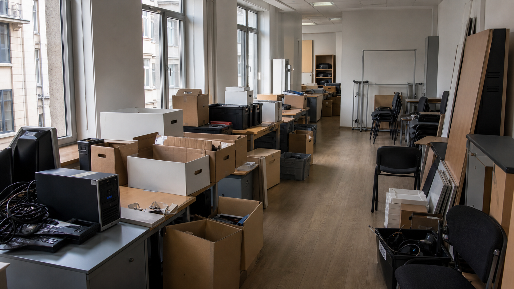Débarras de bureau à Liège : avant, en cours et après — intervention en cours