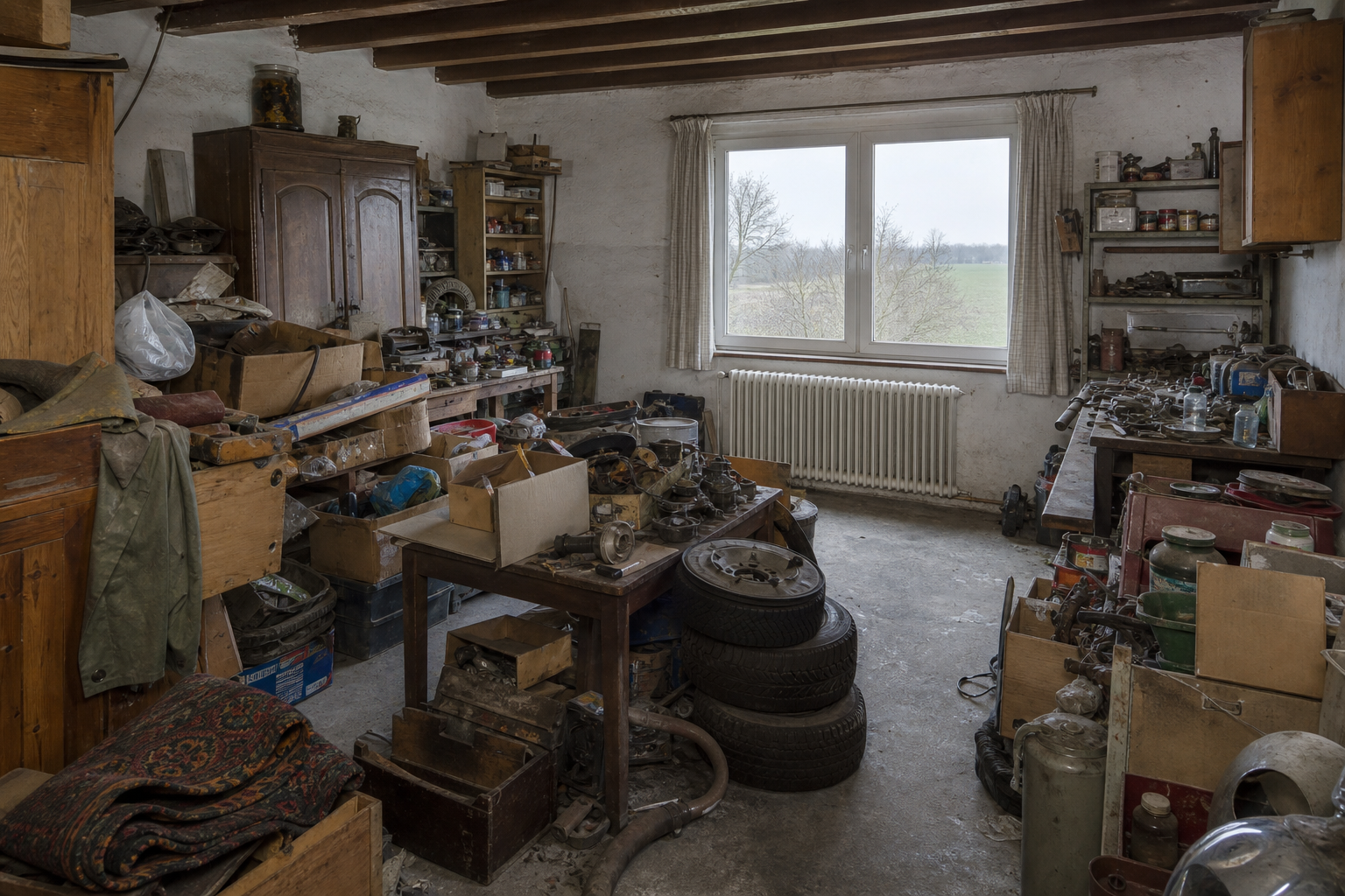 Vide garage-atelier à Linter : avant, en cours et après — avant débarras