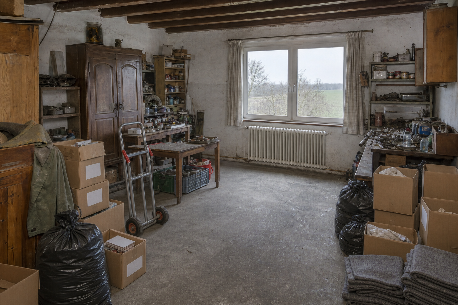Vide garage-atelier à Linter : avant, en cours et après — intervention en cours