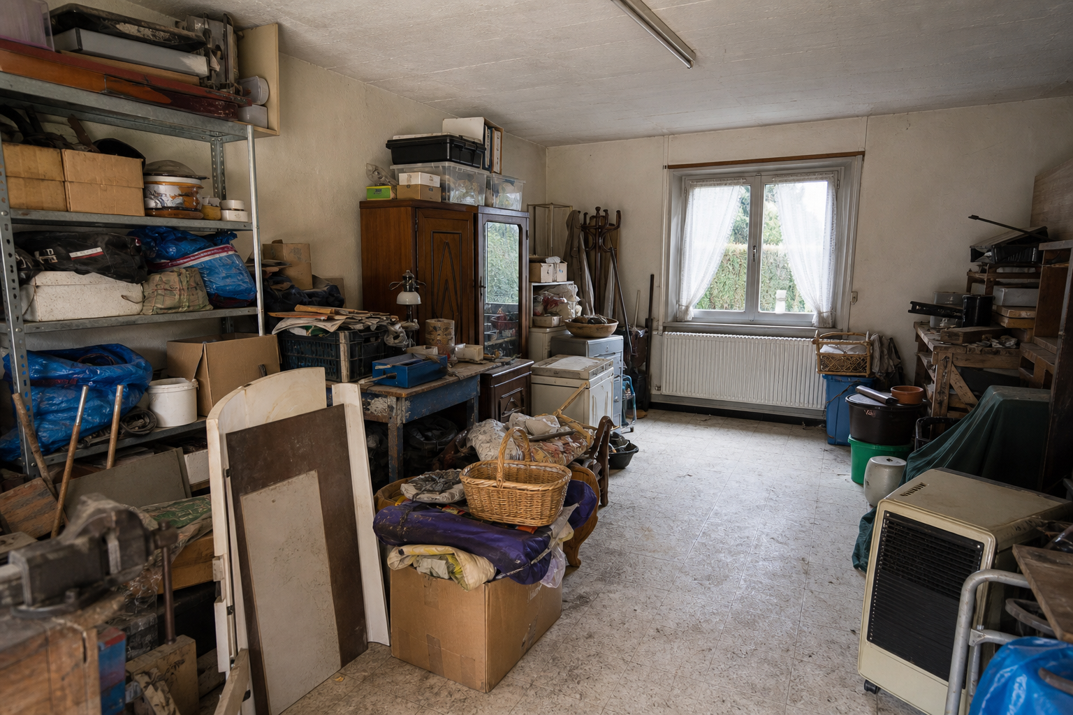 Vide garage atelier de pavillon à Lommel : avant, en cours et après — avant débarras