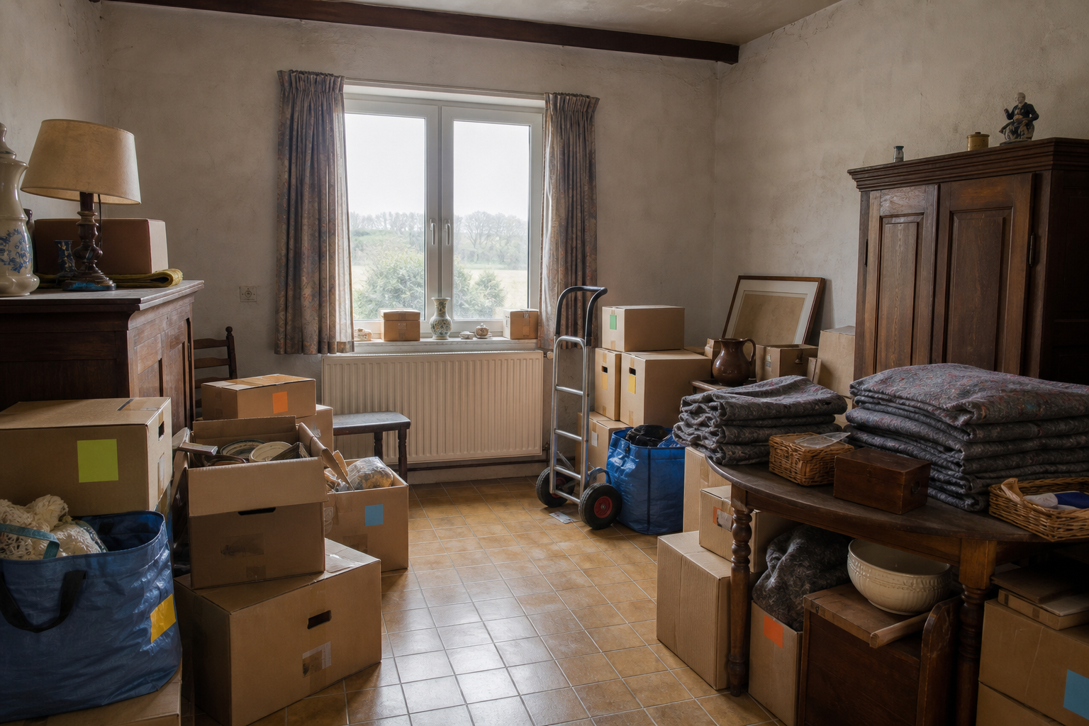 Débarras après départ en maison de repos à Maarkedal : avant, en cours et après — intervention en cours