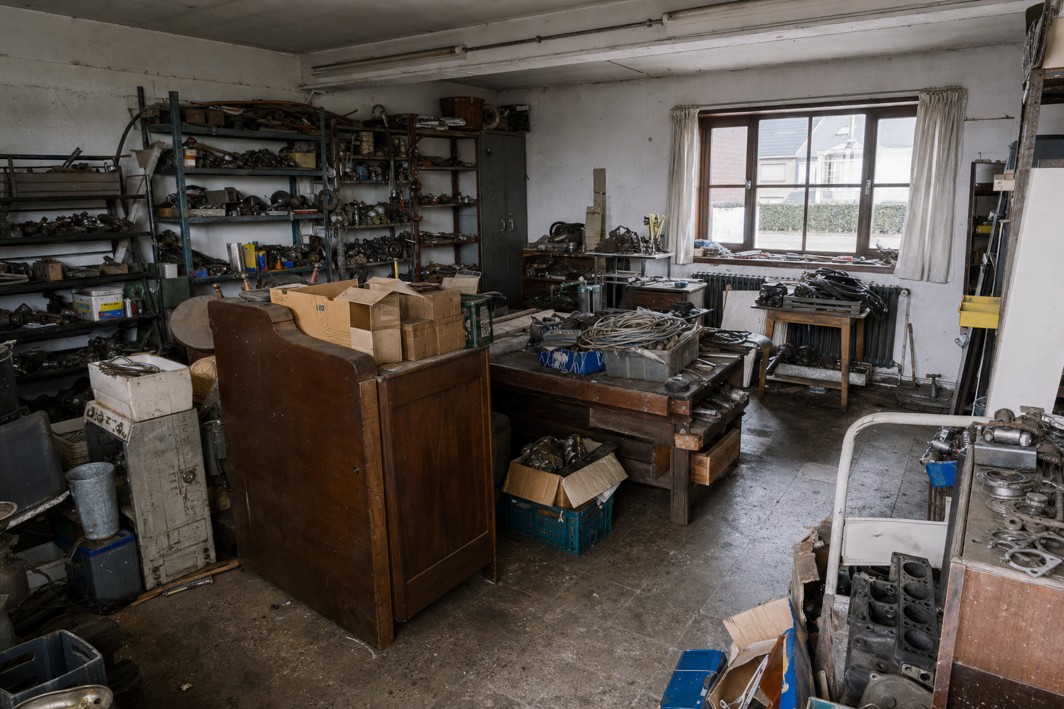 Vide garage-atelier à Maldegem : avant, en cours et après — avant débarras