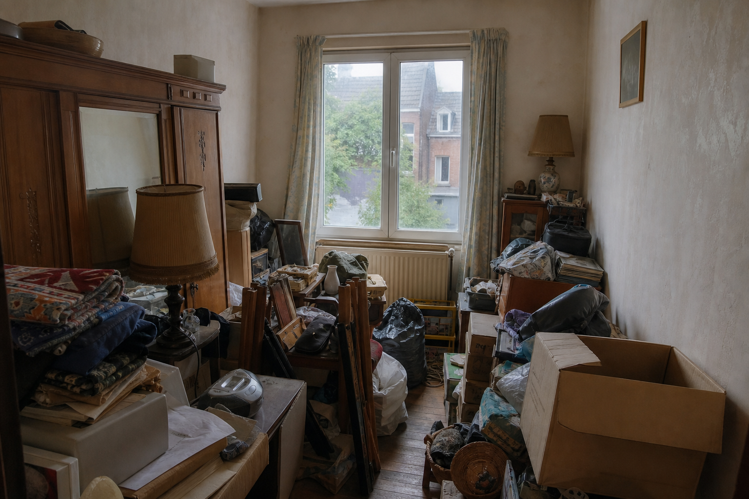 Vide maison mitoyenne avec grenier à Menen : avant, en cours et après — avant débarras