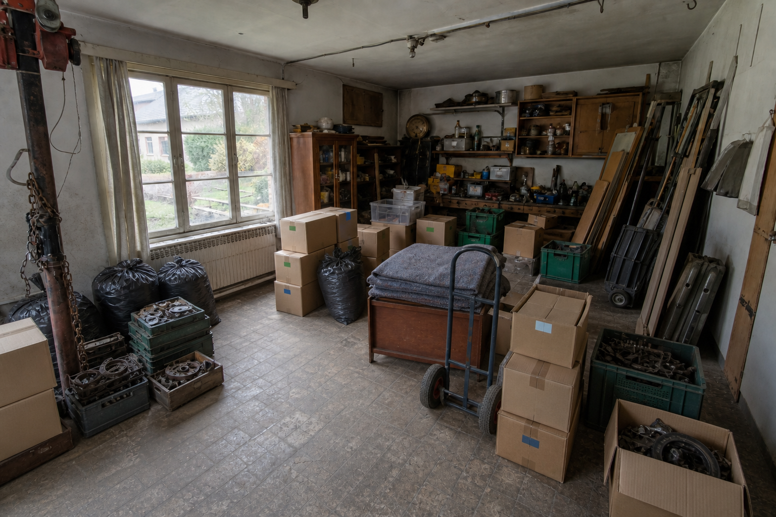 Vide garage-atelier à Mettet : avant, en cours et après — intervention en cours