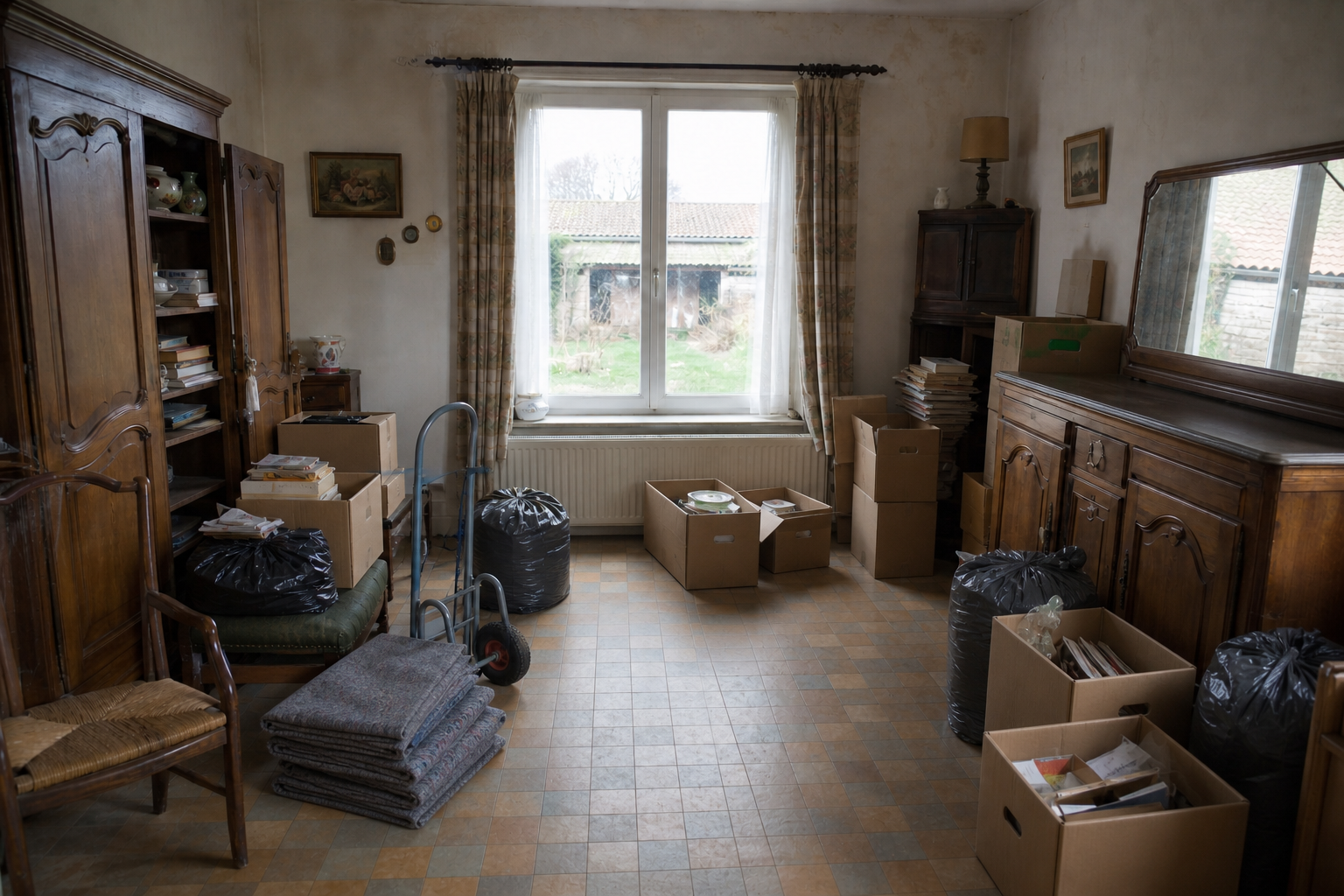 Vide maison villageoise à Moerbeke : avant, en cours et après — intervention en cours