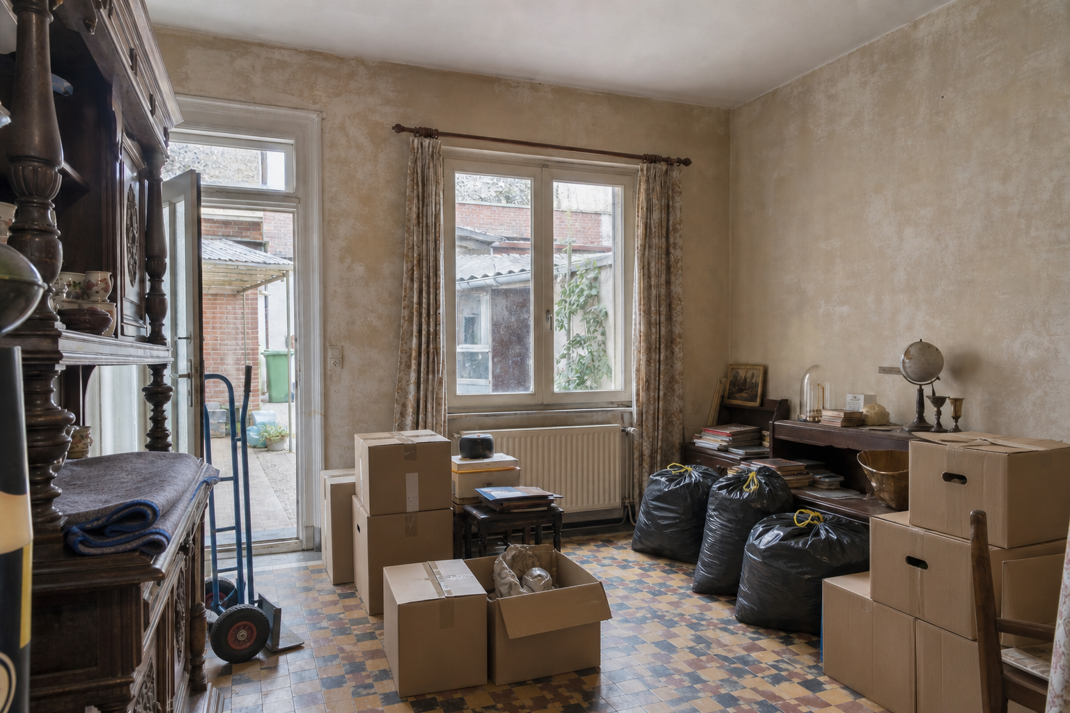 Vide maison urbaine avec cour à Mouscron : avant, en cours et après — intervention en cours
