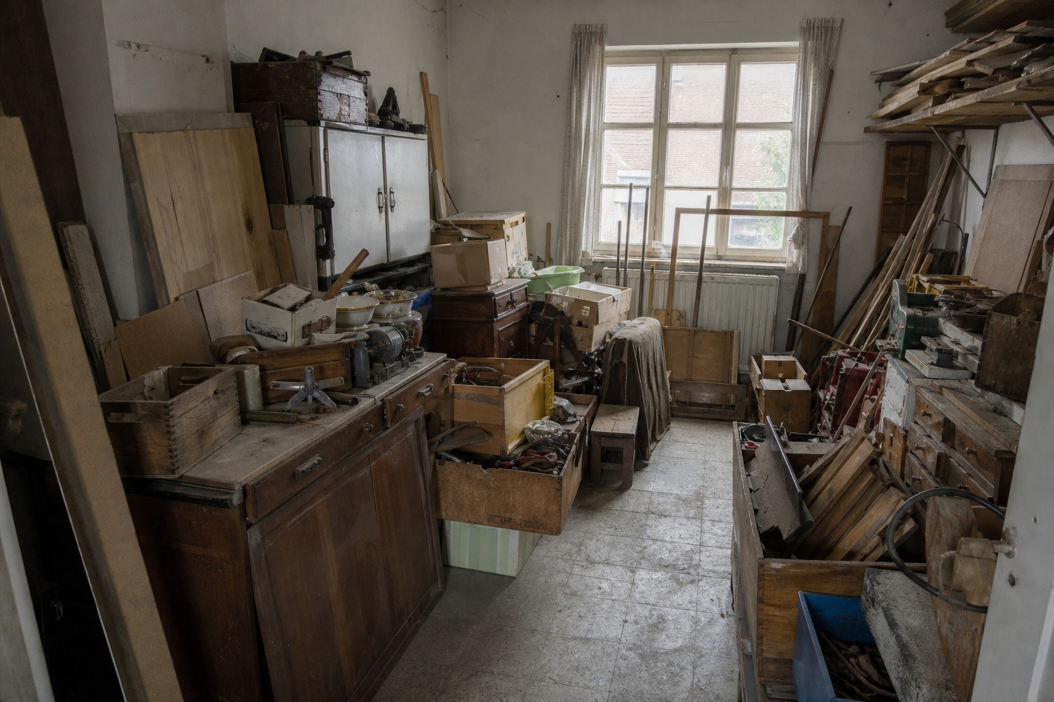 Vide garage-atelier à Oostrozebeke : avant, en cours et après — avant débarras