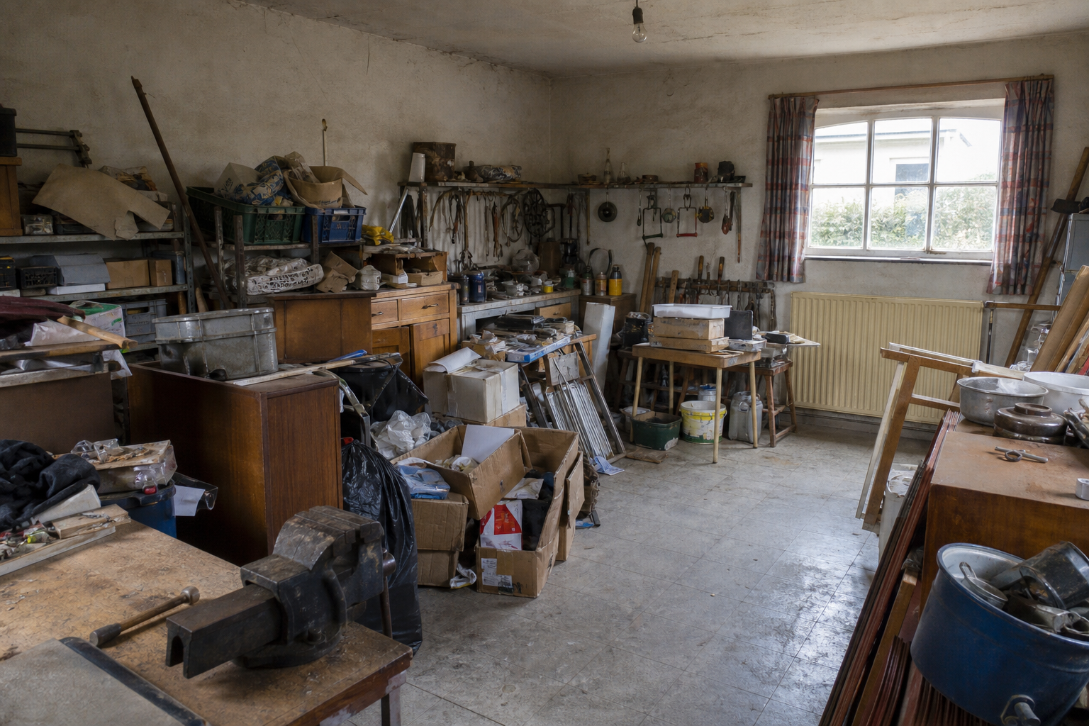 Vide garage-atelier à Orp-Jauche : avant, en cours et après — avant débarras