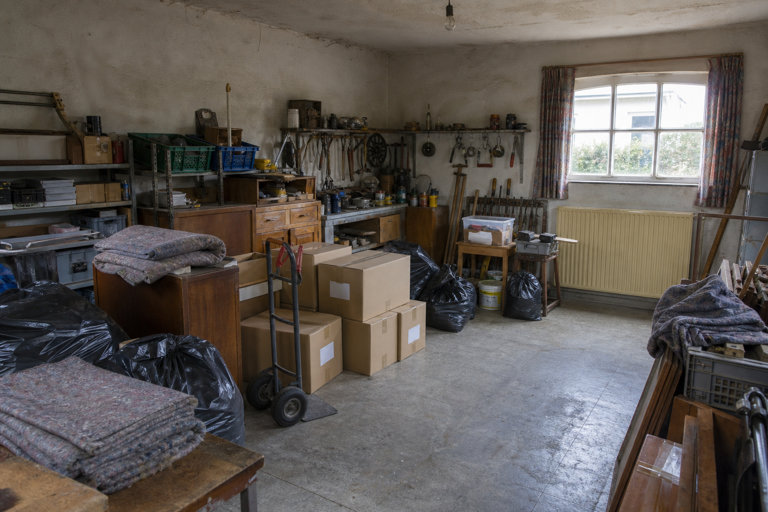 Vide garage-atelier à Orp-Jauche : avant, en cours et après — intervention en cours