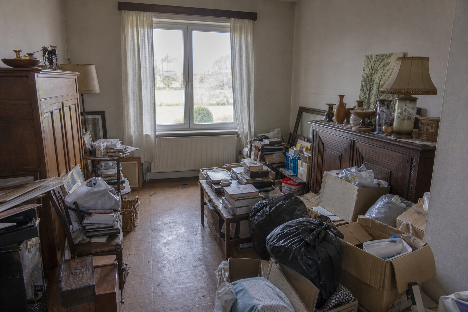 Vide maison quatre façades à Quévy : avant, en cours et après — avant débarras