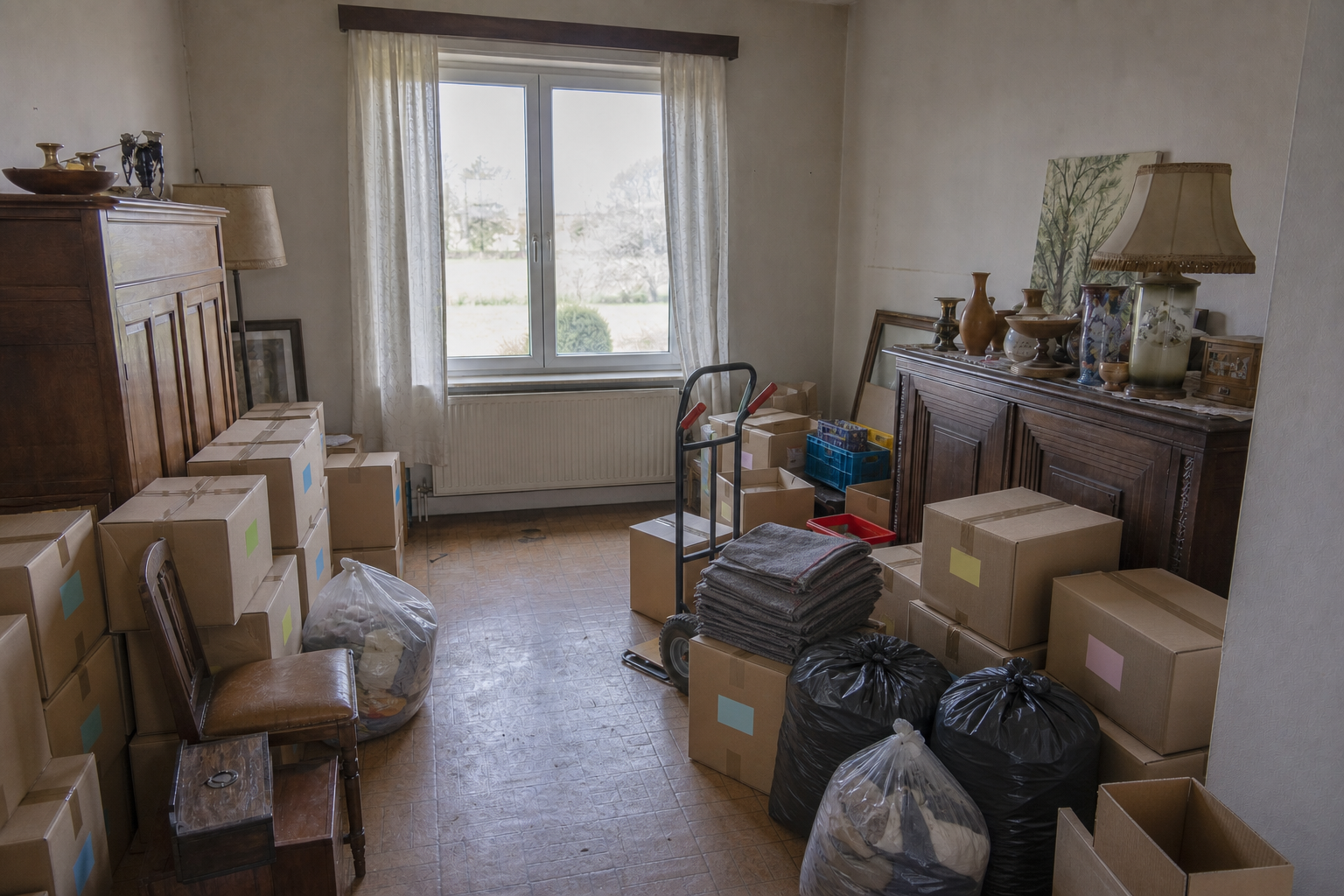 Vide maison quatre façades à Quévy : avant, en cours et après — intervention en cours