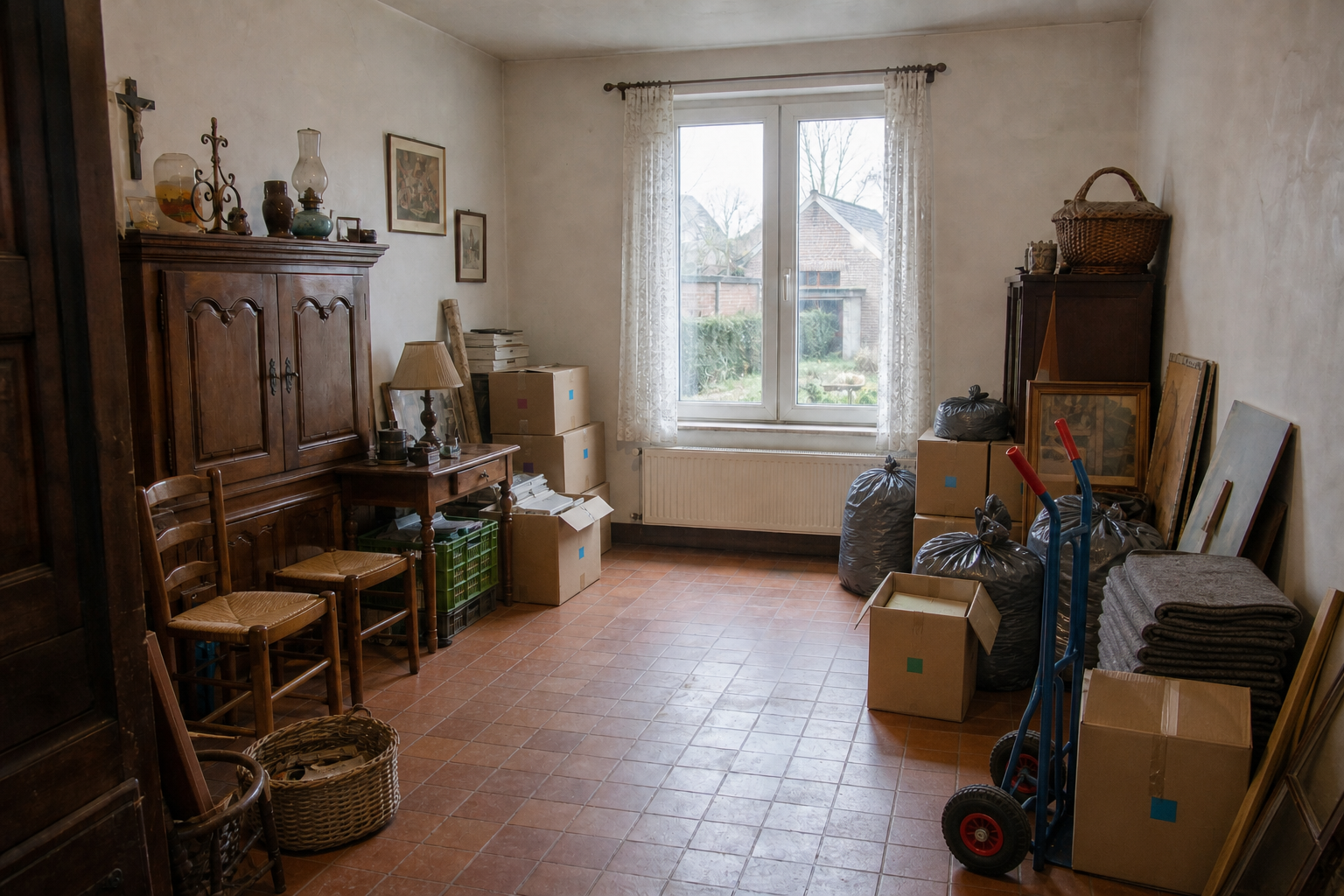 Vide maison villageoise avec grange à Ravels : avant, en cours et après — intervention en cours