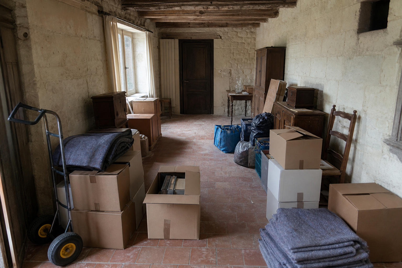 Vide maison villageoise avec grange à Riemst : avant, en cours et après — intervention en cours