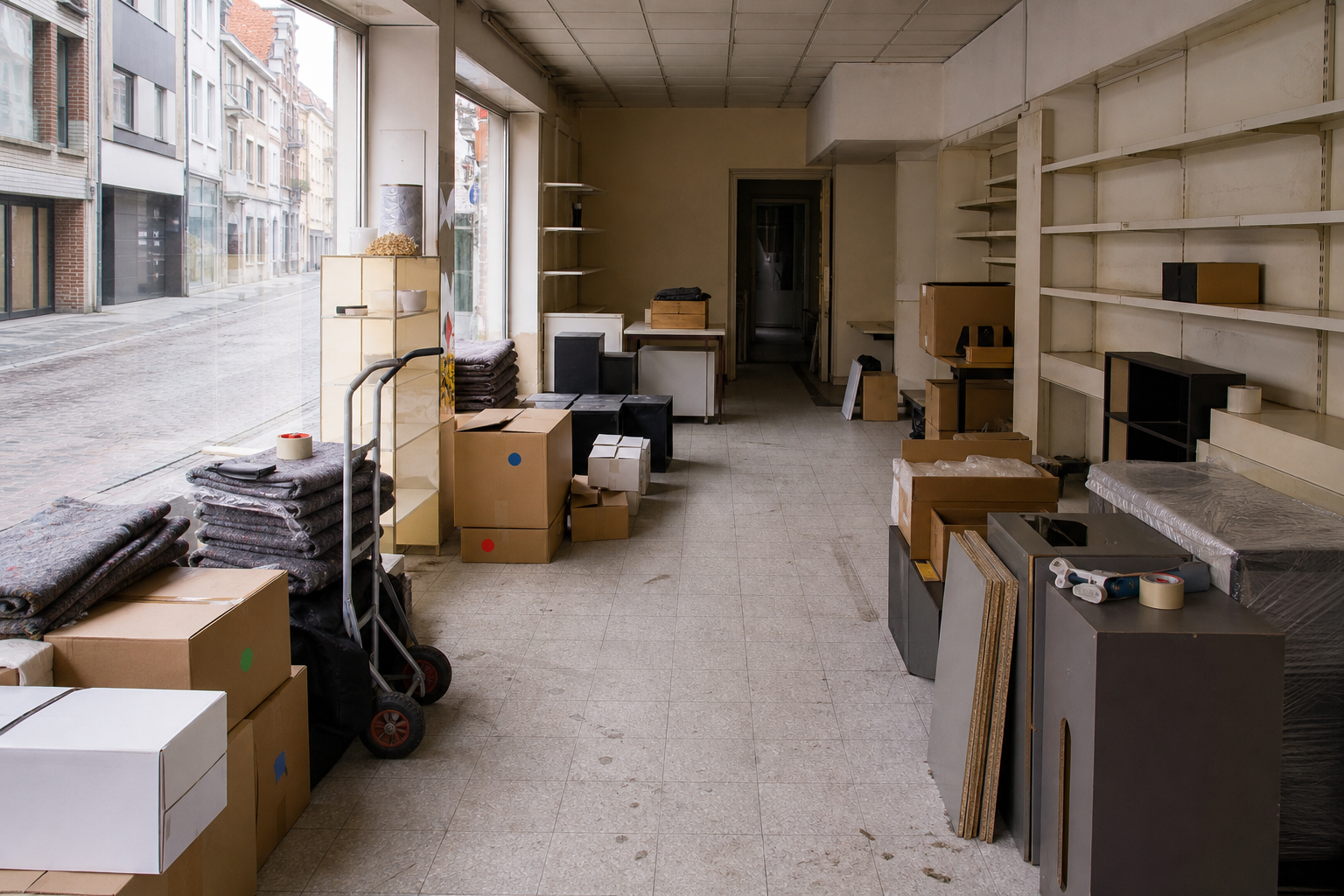 Vide magasin de centre-ville à Roeselare : avant, en cours et après — intervention en cours