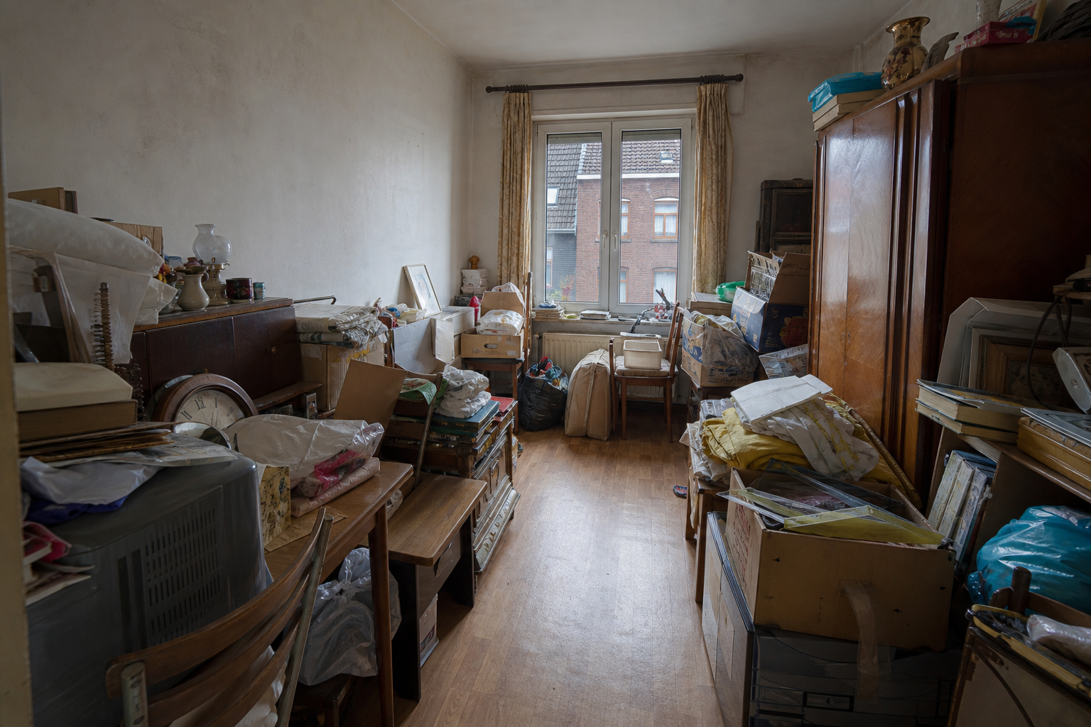 Vide appartement après départ en maison de repos à Saint-Ghislain : avant, en cours et après — avant débarras