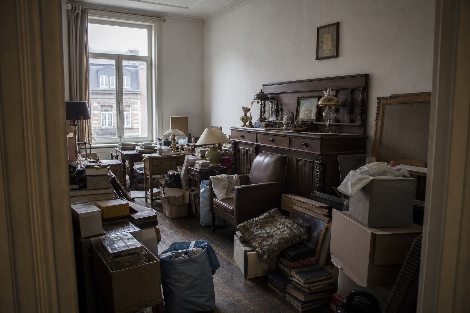 Vide appartement avec monte-meubles à Saint-Gilles : avant, en cours et après — avant débarras