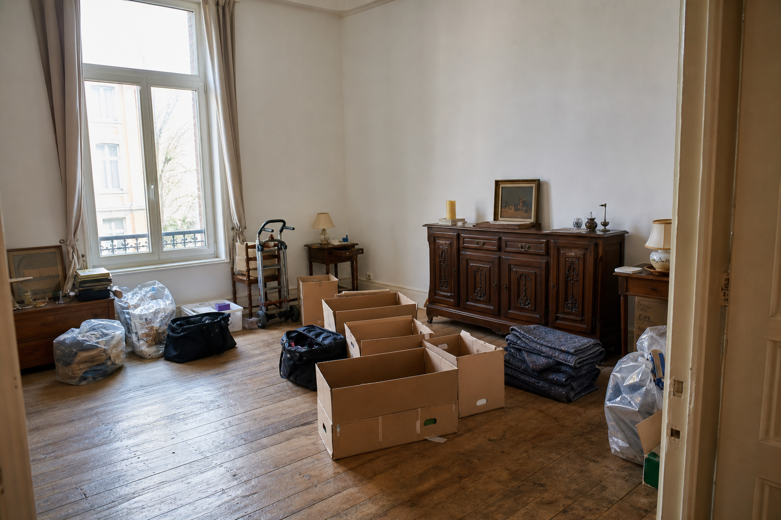 Vide appartement avec monte-meubles à Saint-Gilles : avant, en cours et après — intervention en cours