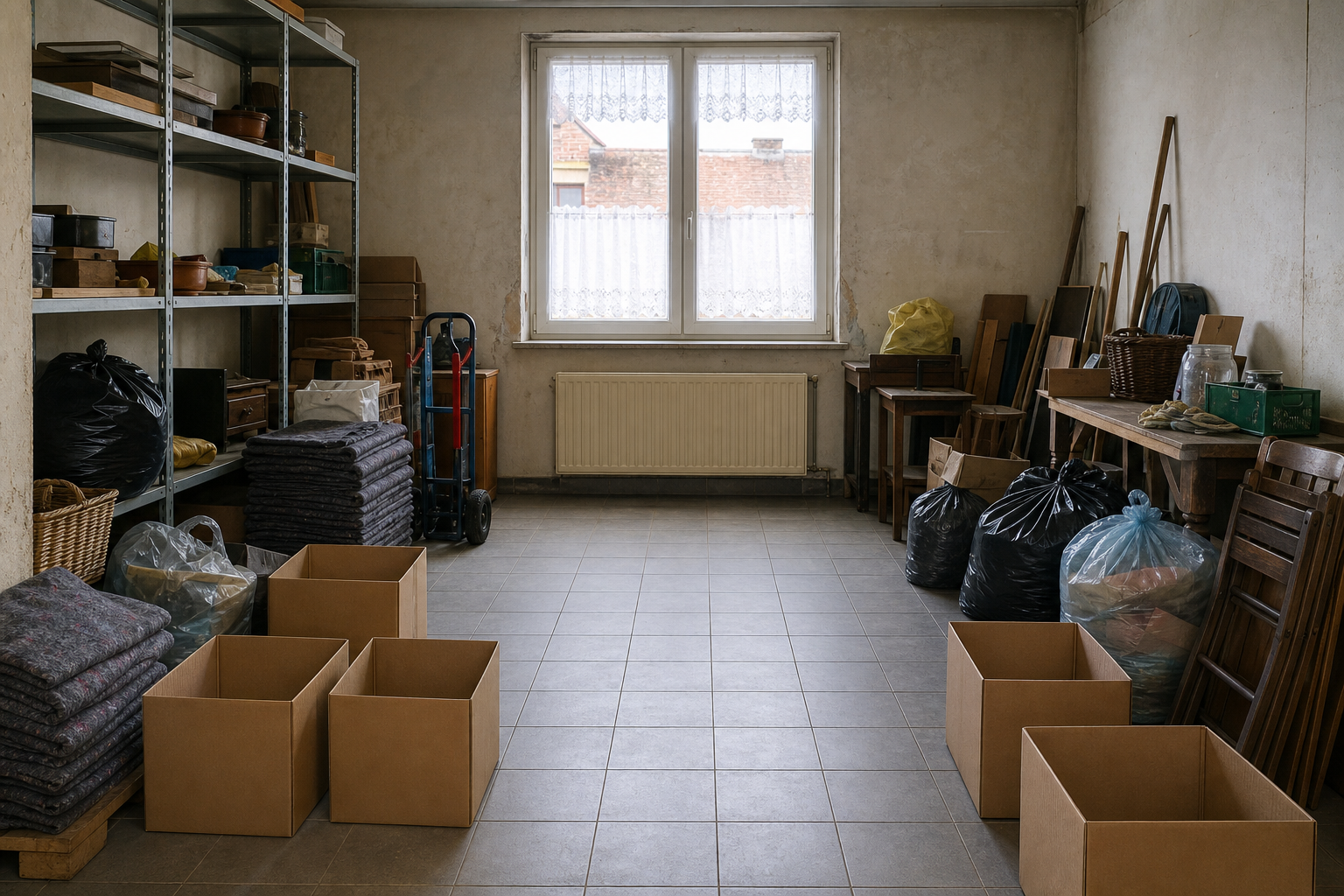Vide garage-atelier à Saint-Léger : avant, en cours et après — intervention en cours