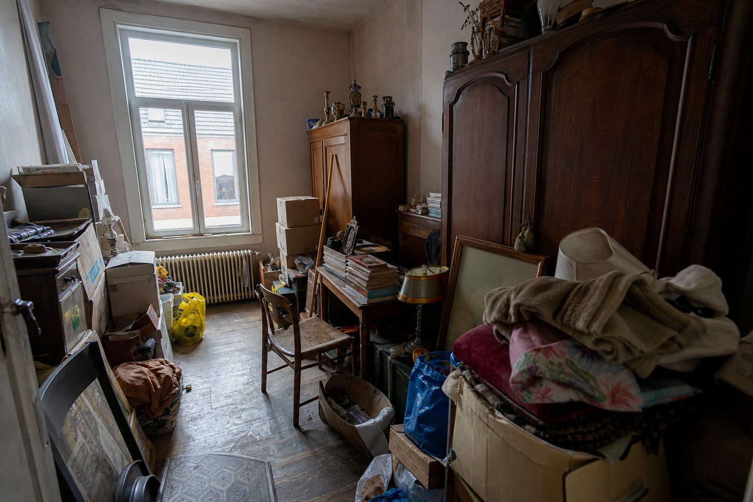 Vide maison ouvrière à Schelle : avant, en cours et après — avant débarras