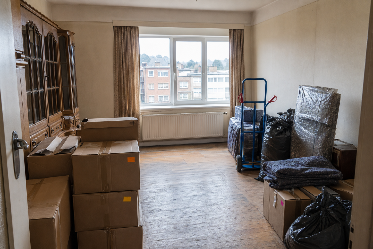 Vide appartement sans ascenseur à Seraing : avant, en cours et après — intervention en cours