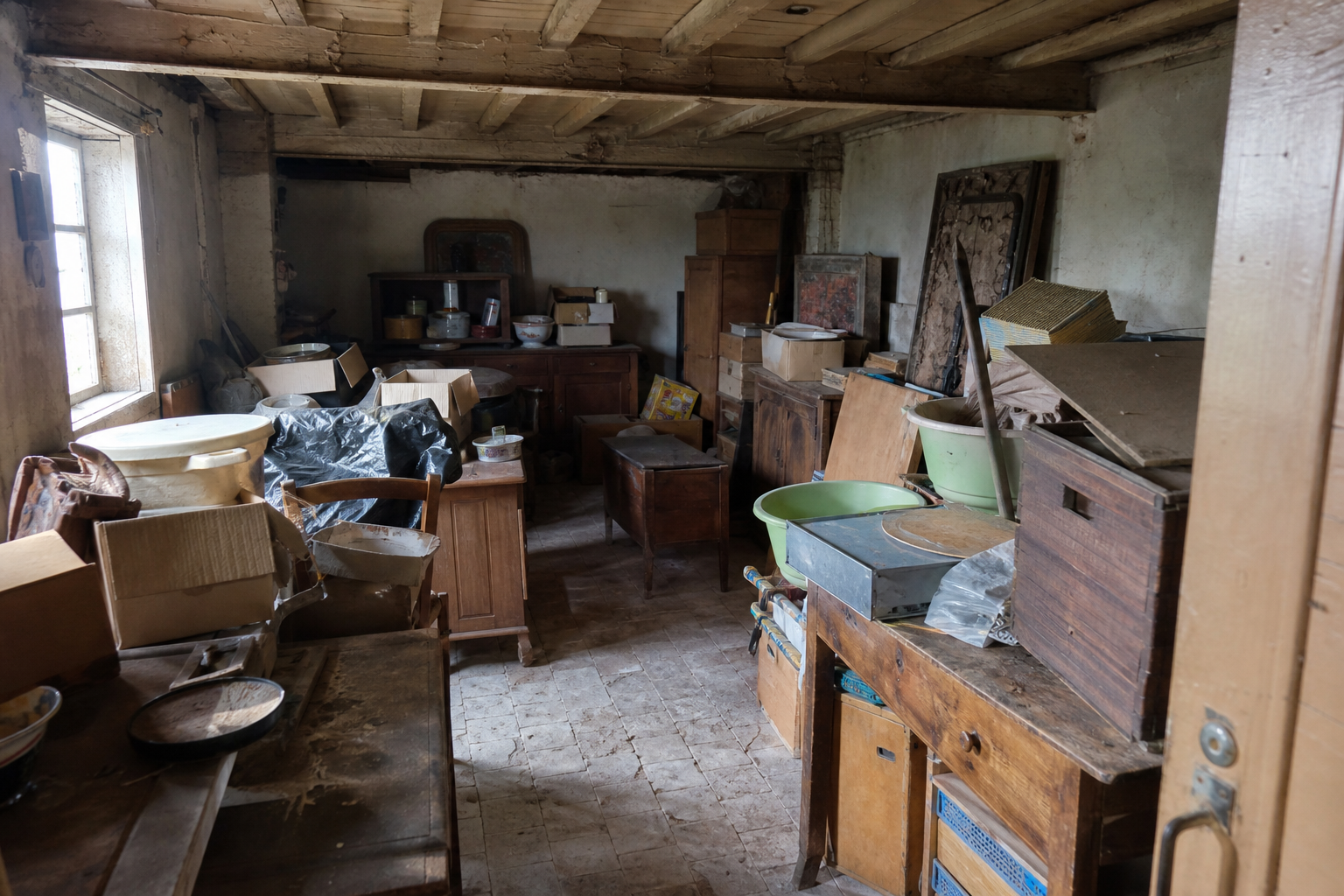 Vide fermette avec dépendances à Sint-Laureins : avant, en cours et après — avant débarras