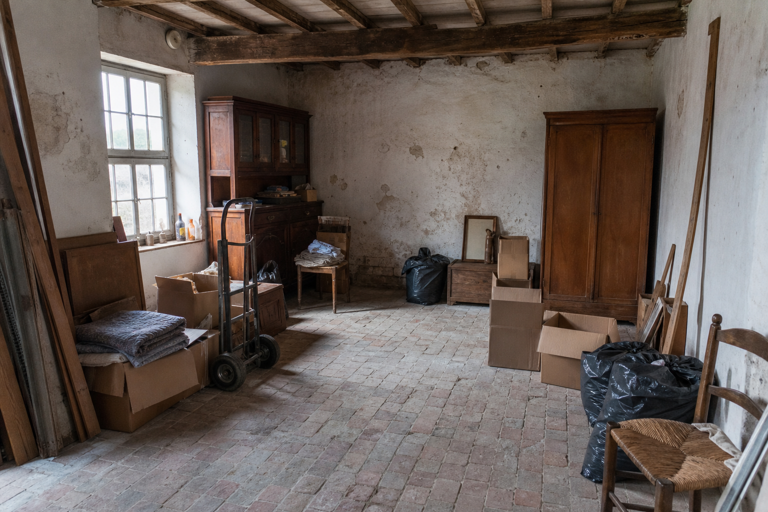Vide fermette avec dépendances à Sint-Laureins : avant, en cours et après — intervention en cours