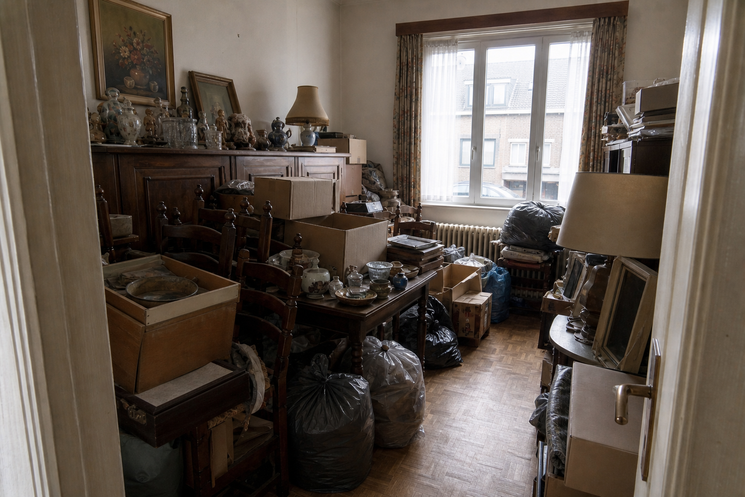 Vide maison mitoyenne à Sint-Pieters-Leeuw : avant, en cours et après — avant débarras