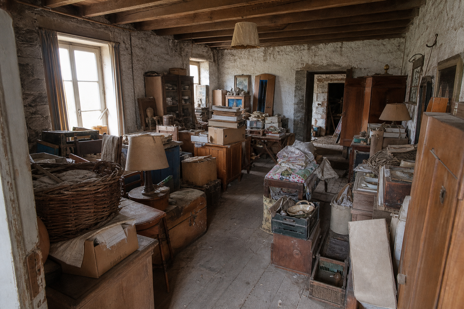 Vide fermette avec dépendances à Soignies : avant, en cours et après — avant débarras