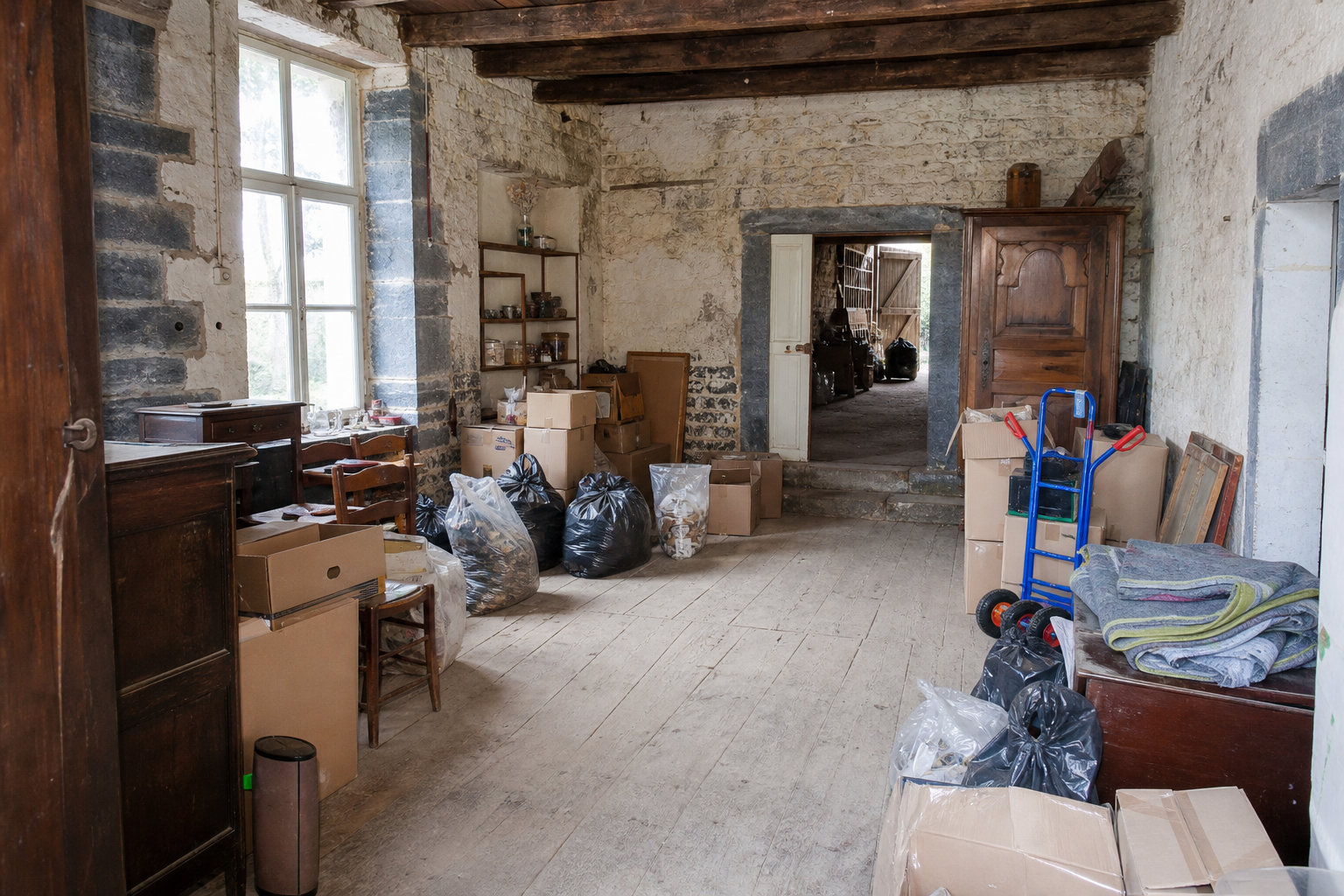 Vide fermette avec dépendances à Soignies : avant, en cours et après — intervention en cours