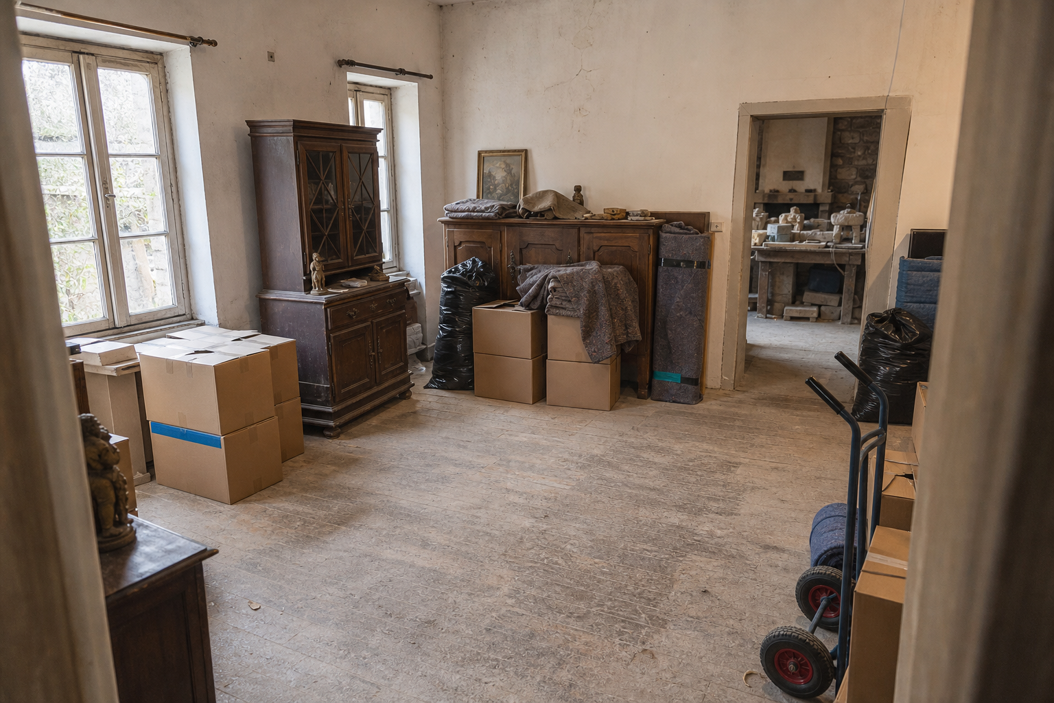 Vide maison villageoise avec atelier de tailleur de pierre à Sprimont : avant, en cours et après — intervention en cours