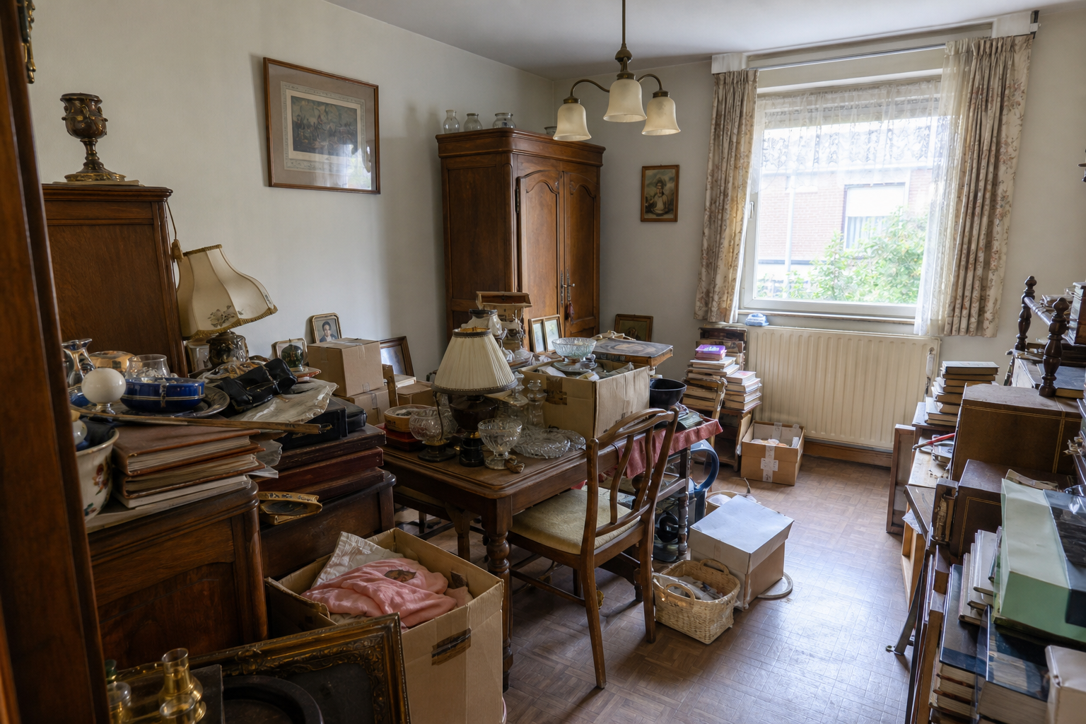 Vide maison de polder après départ en maison de repos à Stabroek : avant, en cours et après — avant débarras