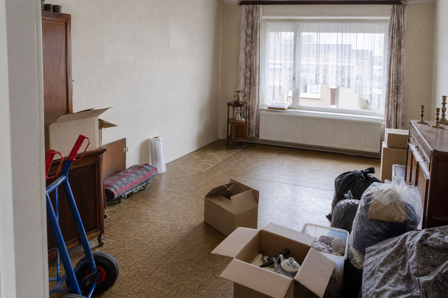 Vide maison de polder après départ en maison de repos à Stabroek : avant, en cours et après — intervention en cours