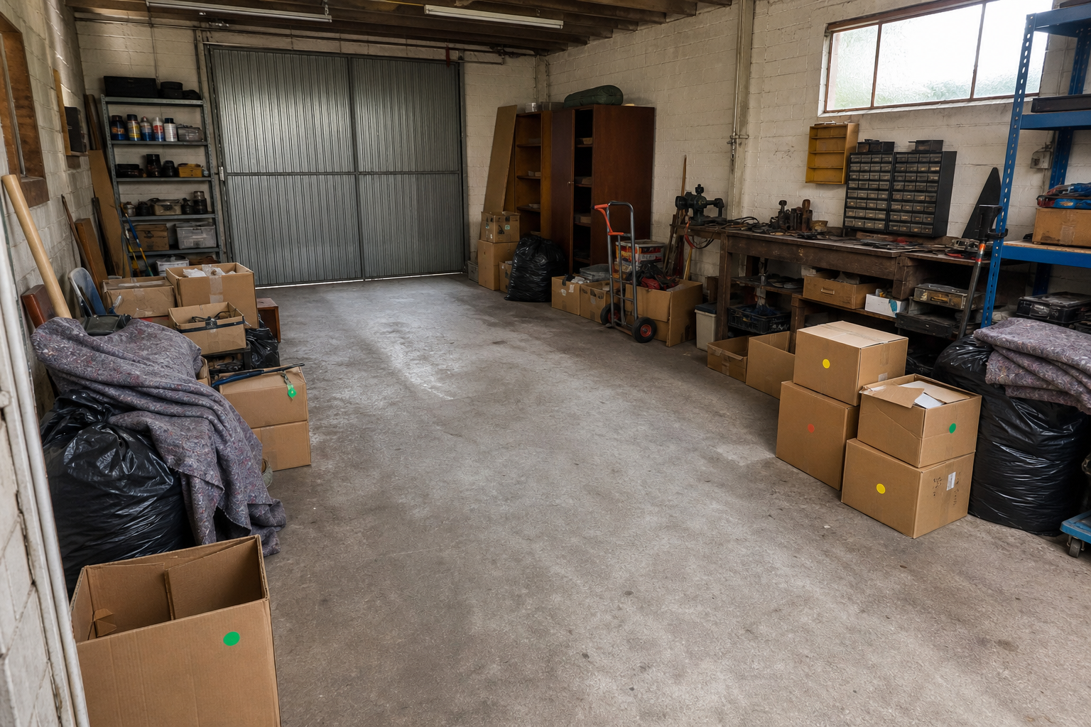 Vide garage-atelier à Steenokkerzeel : avant, en cours et après — intervention en cours
