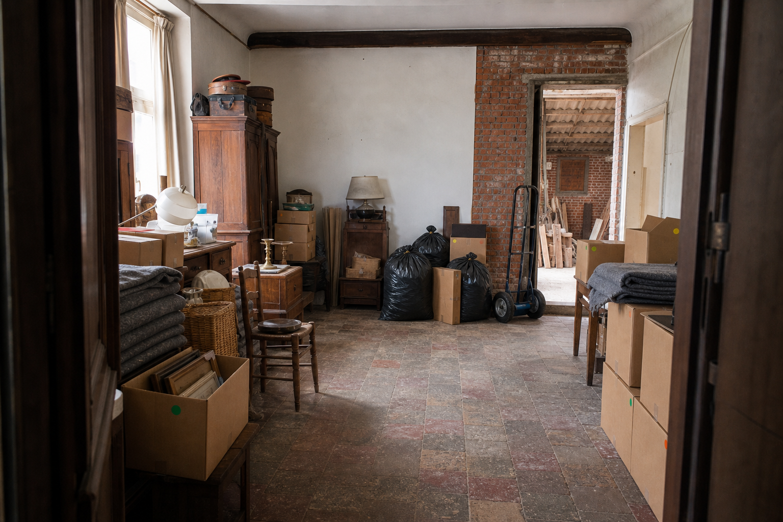 Vide maison villageoise avec grange à Stekene : avant, en cours et après — intervention en cours