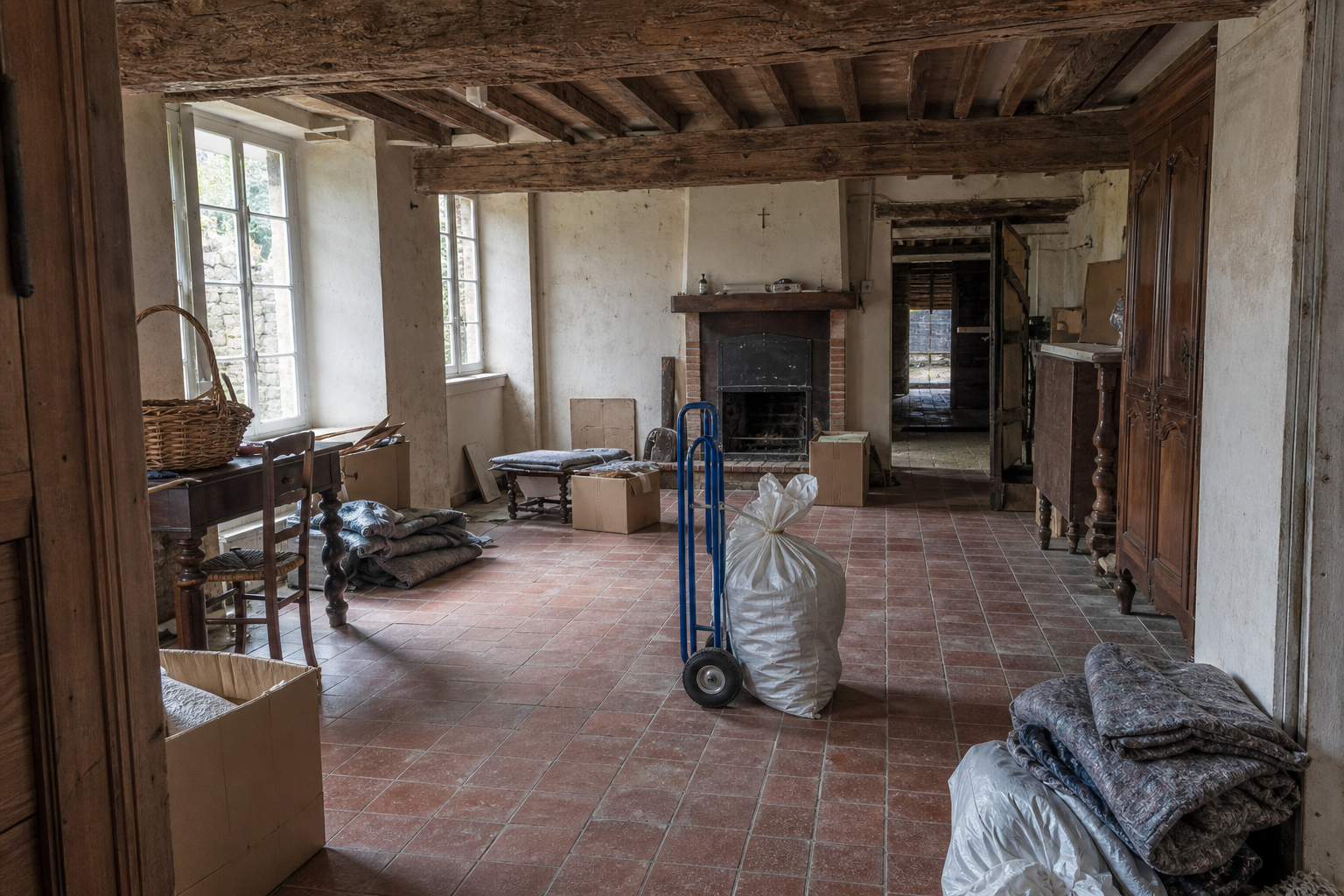 Vide maison villageoise avec grange à Tellin : avant, en cours et après — avant débarras