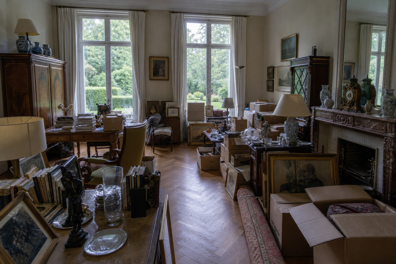 Vide villa avec bibliothèque à Tervuren : avant, en cours et après — avant débarras