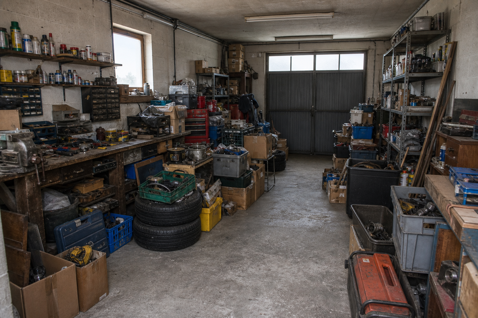 Vide garage-atelier à Tessenderlo : avant, en cours et après — avant débarras