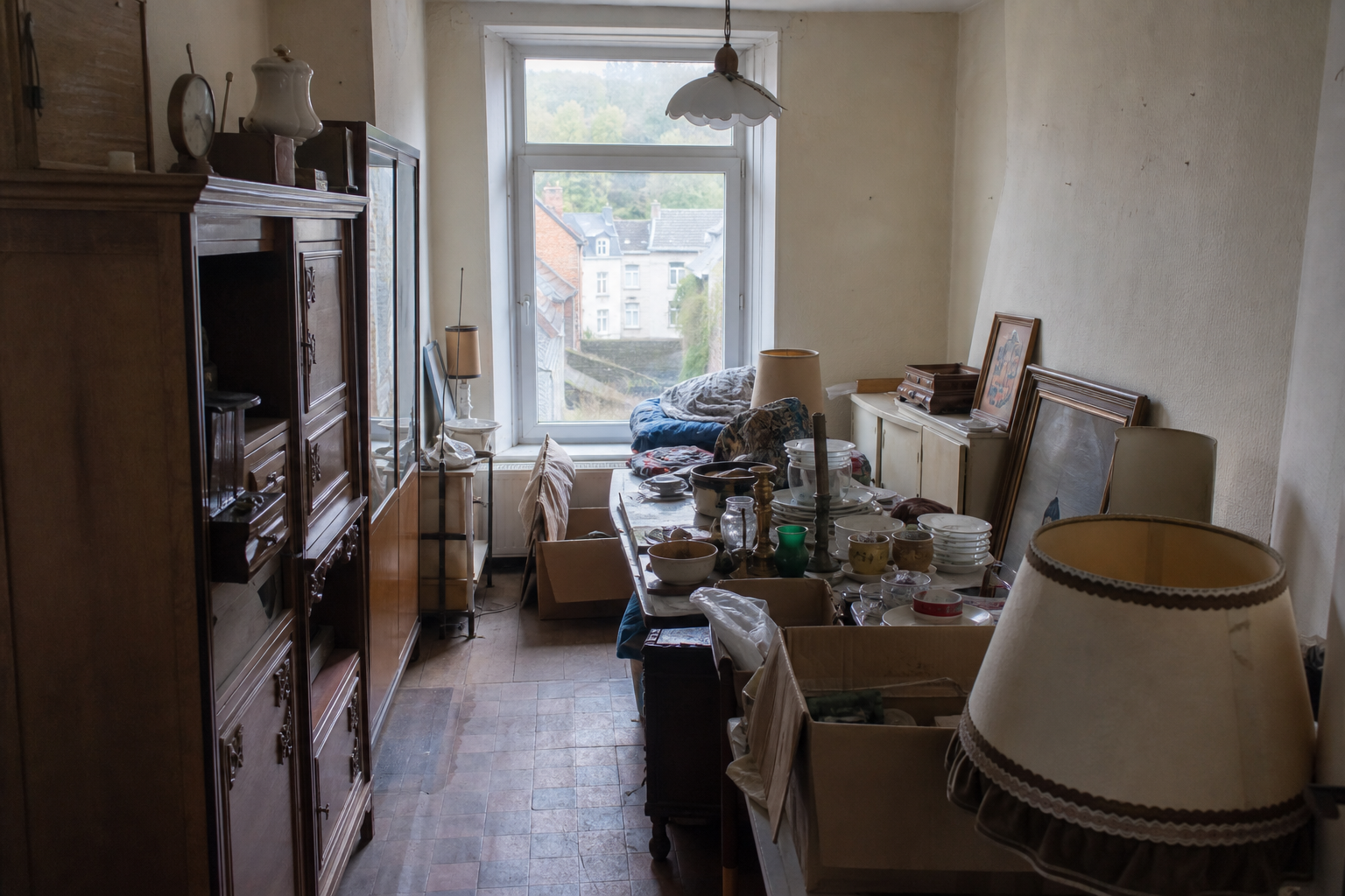 Vide maison mitoyenne de la ville haute à Thuin : avant, en cours et après — avant débarras