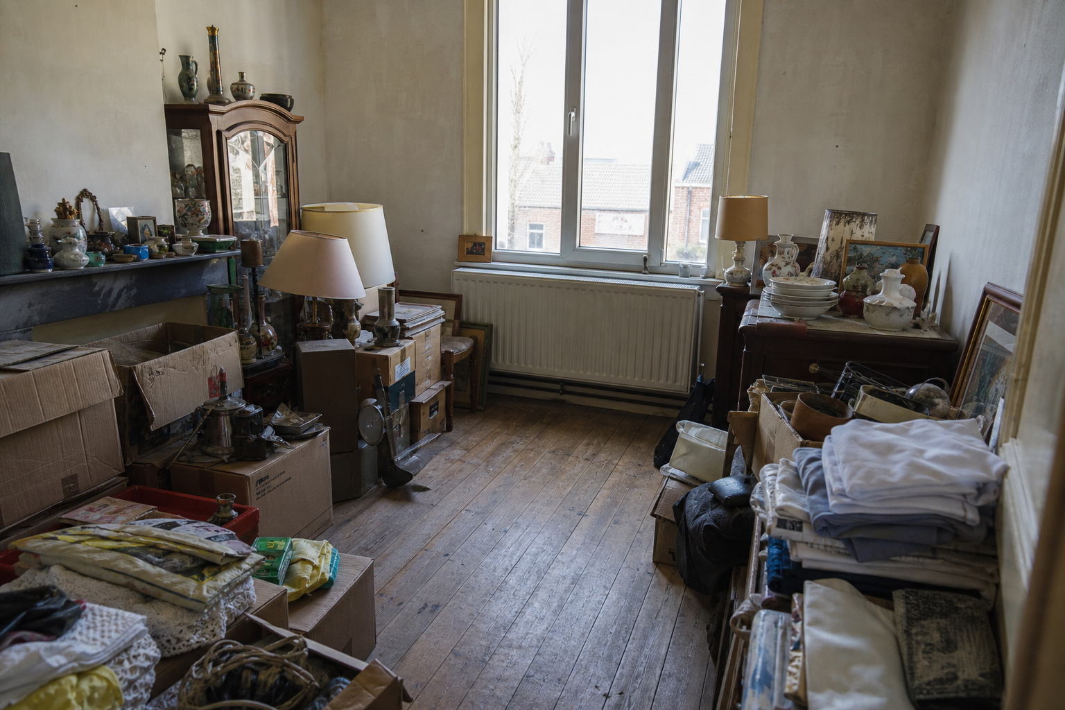 Vide maison ouvrière en briques à Tubize : avant, en cours et après — avant débarras