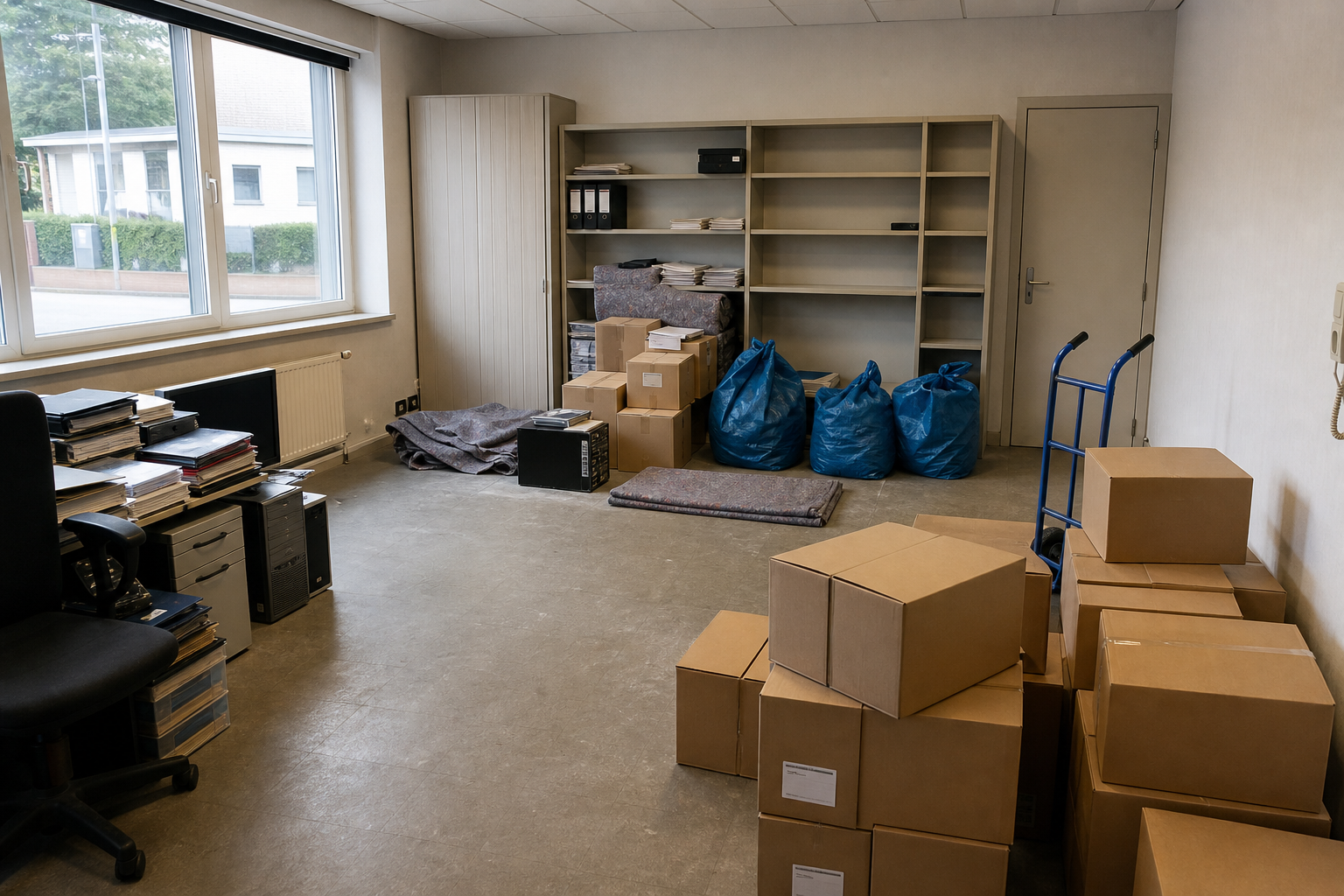 Vide bureau et archives à Turnhout : avant, en cours et après — intervention en cours