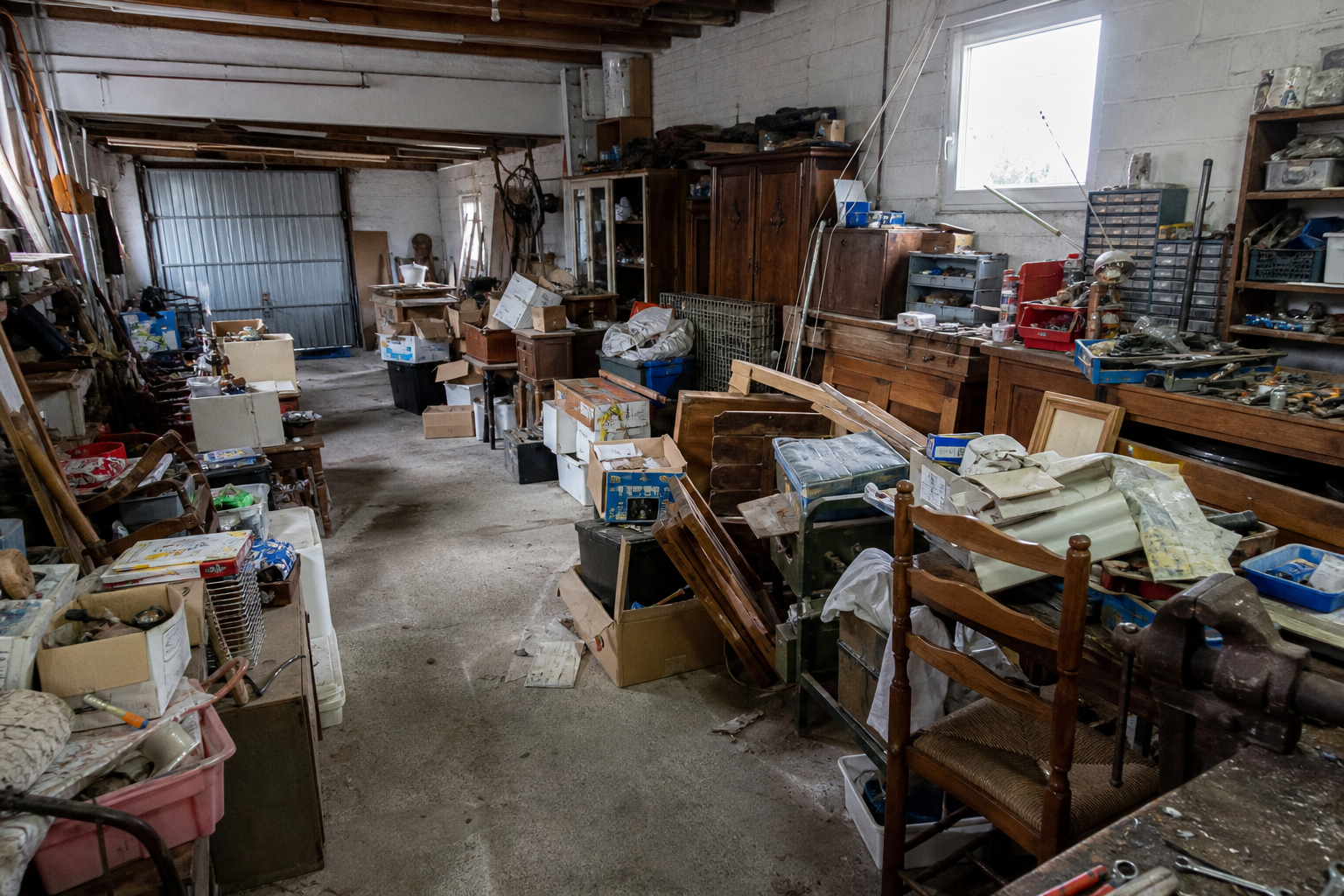 Vide garage-atelier à Verlaine : avant, en cours et après — avant débarras