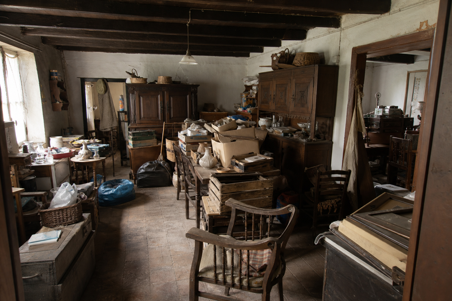 Vide fermette avec dépendances à Villers-la-Ville : avant, en cours et après — avant débarras