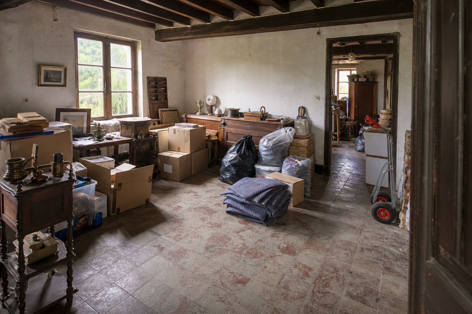 Vide fermette avec dépendances à Villers-la-Ville : avant, en cours et après — intervention en cours