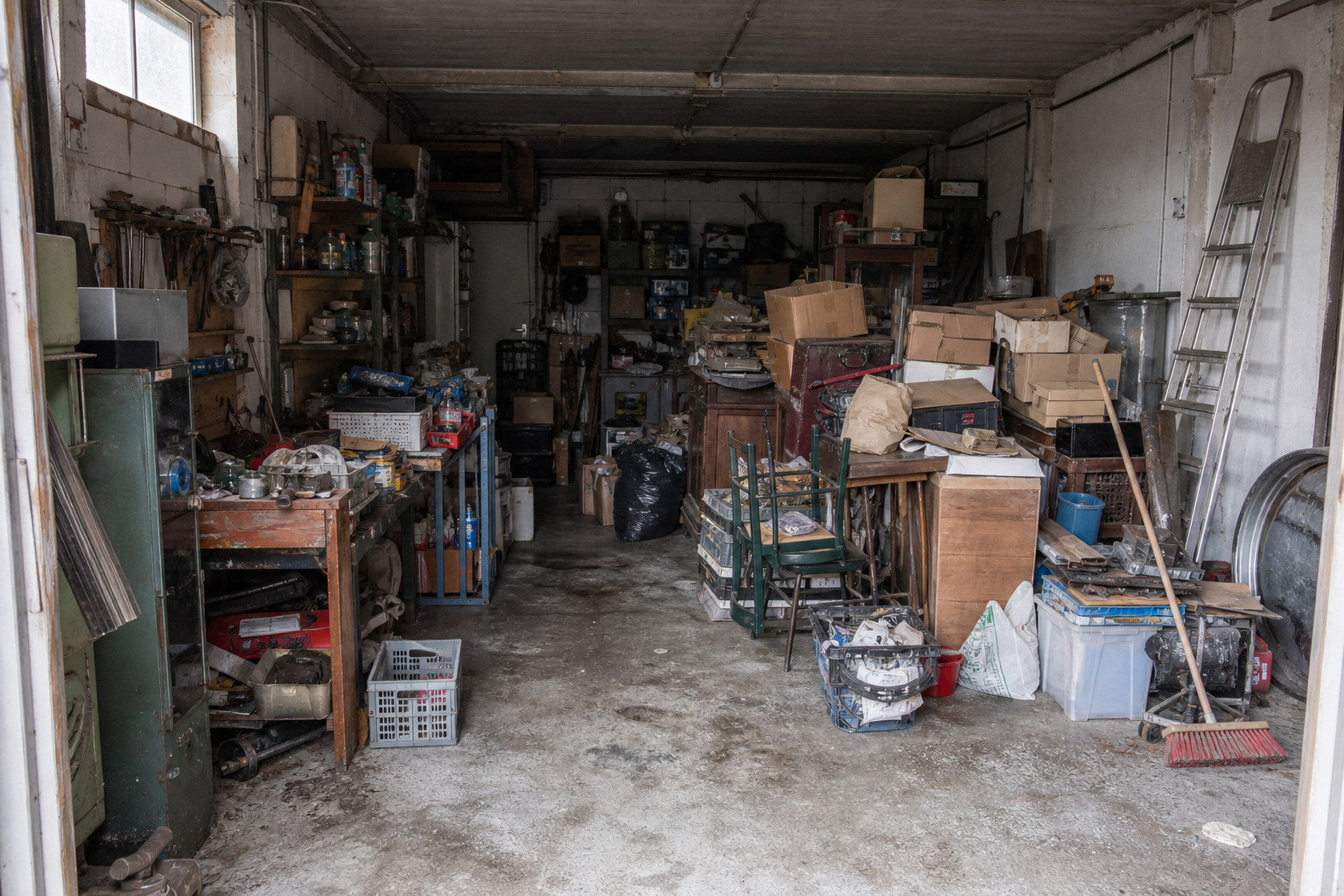 Vide garage-atelier à Wachtebeke : avant, en cours et après — avant débarras