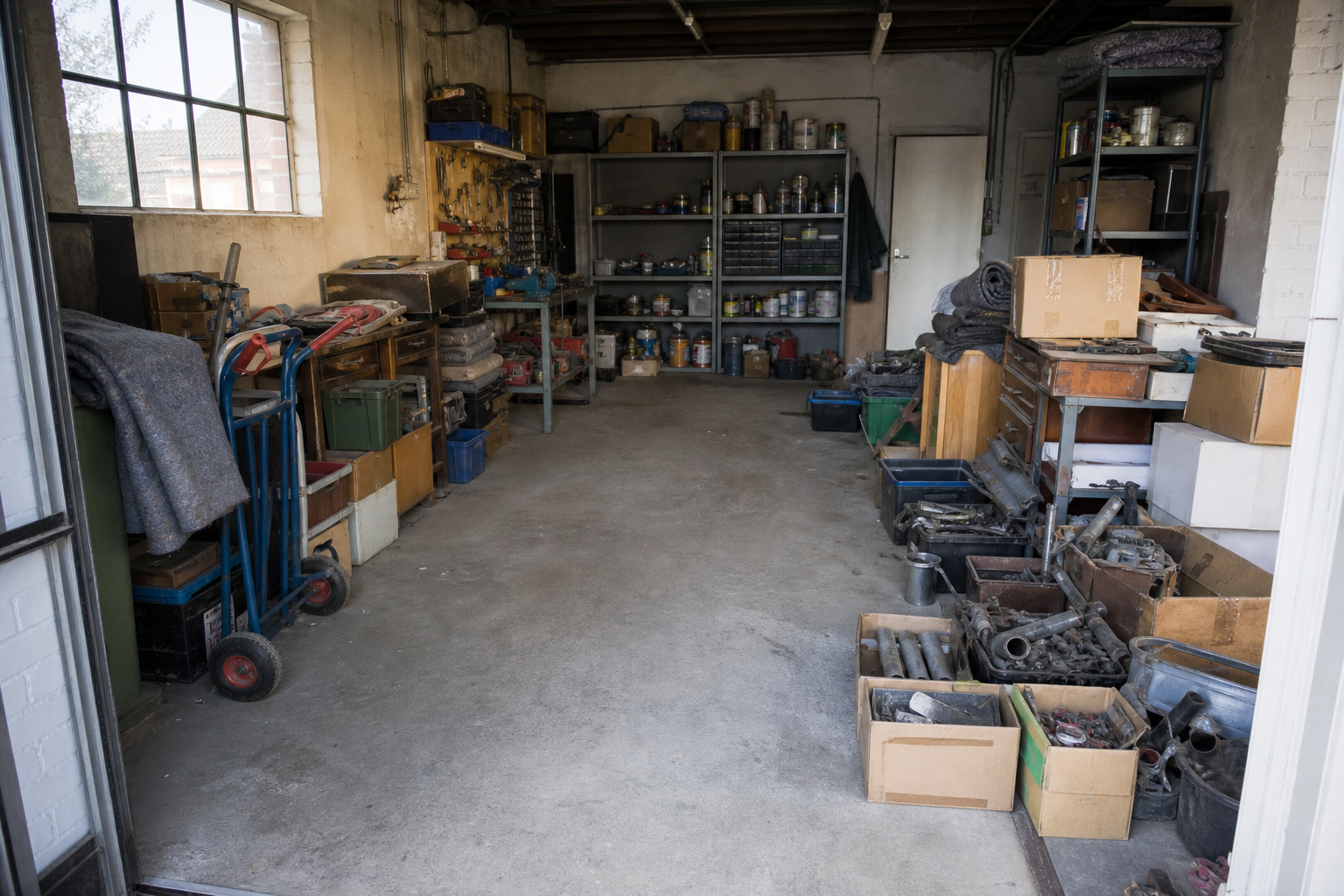 Vide garage-atelier à Wachtebeke : avant, en cours et après — intervention en cours